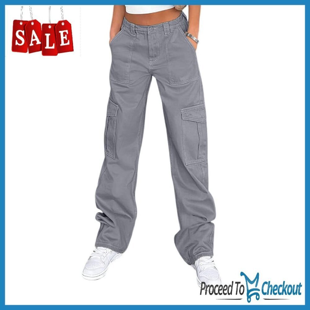 High Waisted Stretchy Cargo Pants Wide Leg 6 Pockets Casual Streetwear